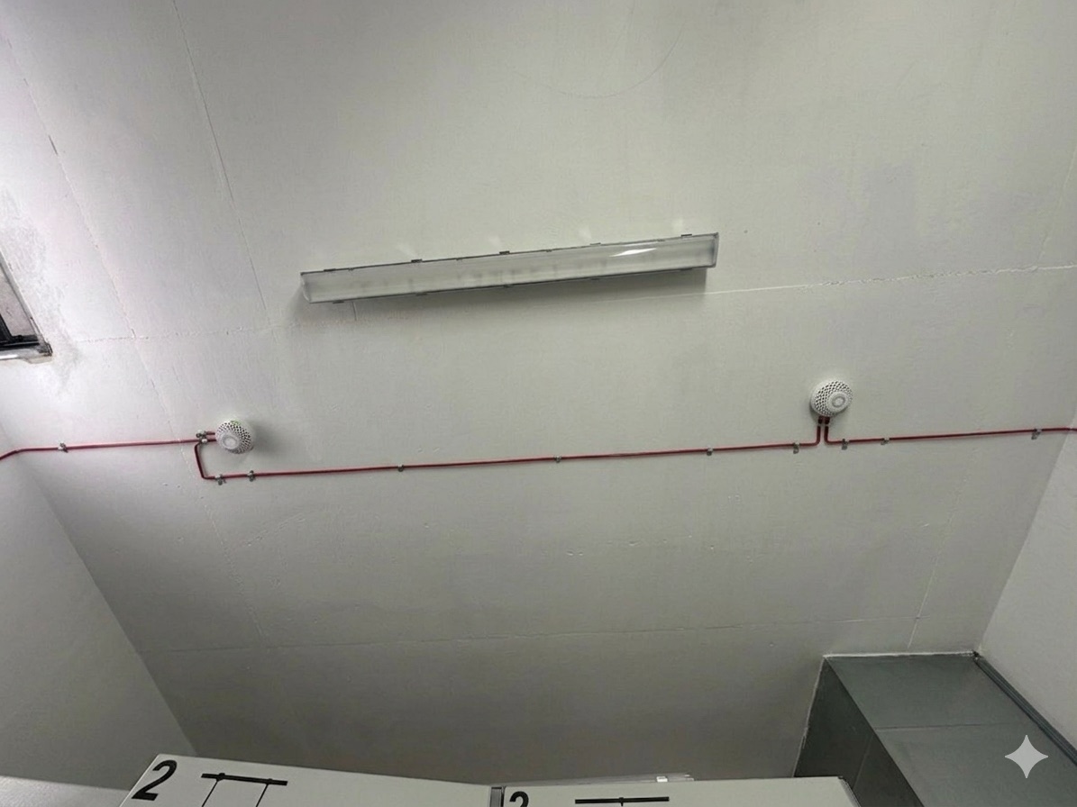 Elementy instalacji alarmowej zamontowane na suficie hali lub zaplecza technicznego