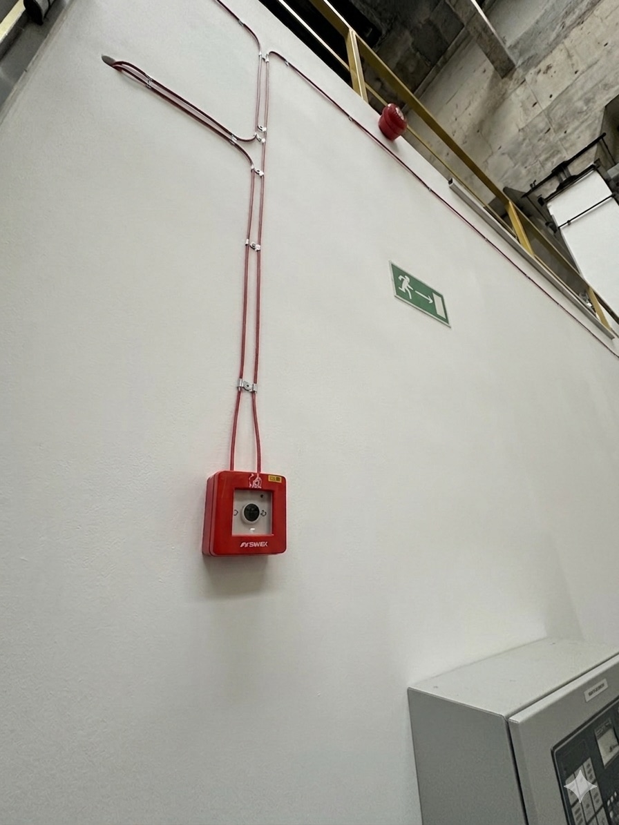 Alarmowy przycisk pożarowy i instalacja poprowadzona na ścianie hali