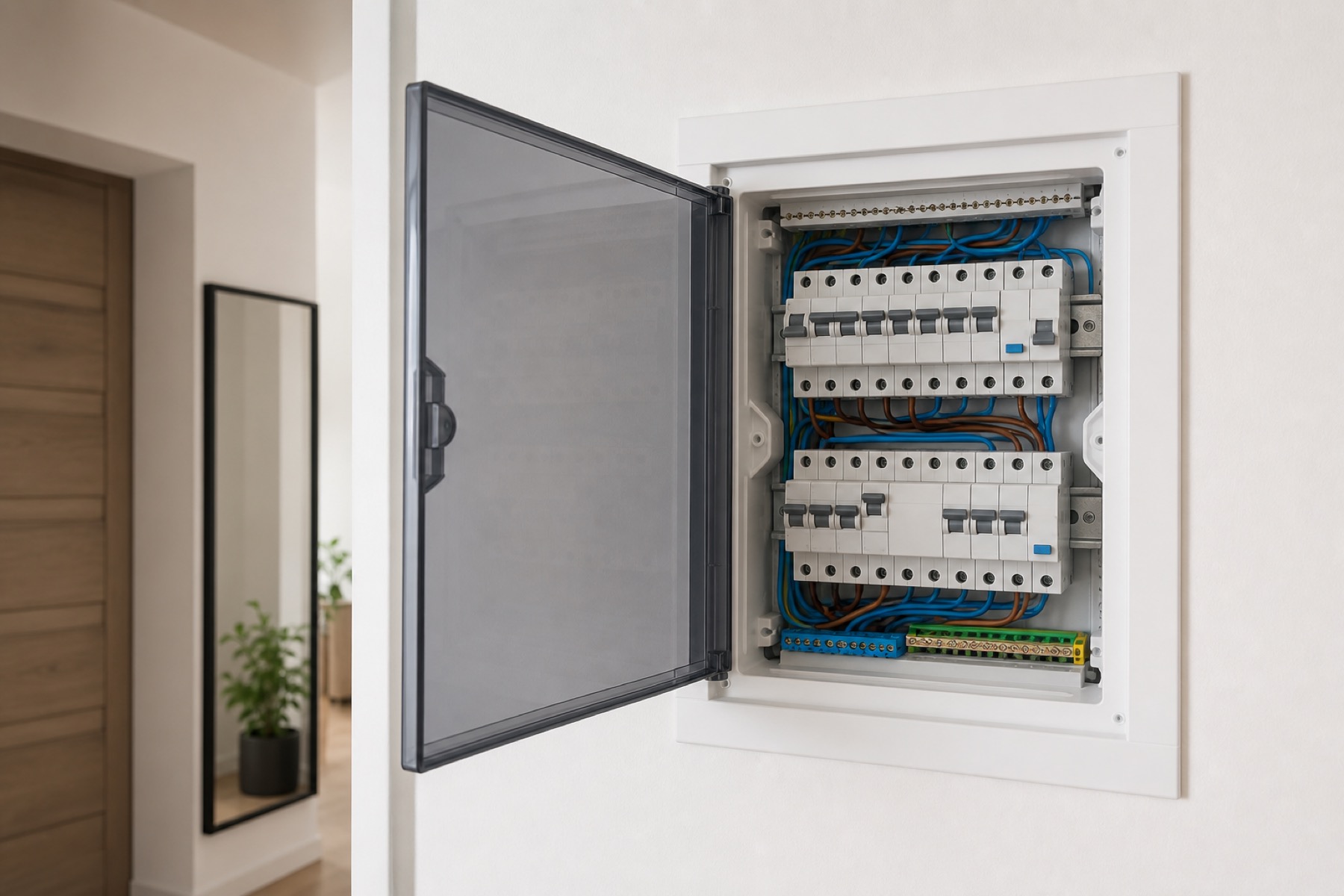 Domowa rozdzielnica elektryczna podczas wymiany zabezpieczeń